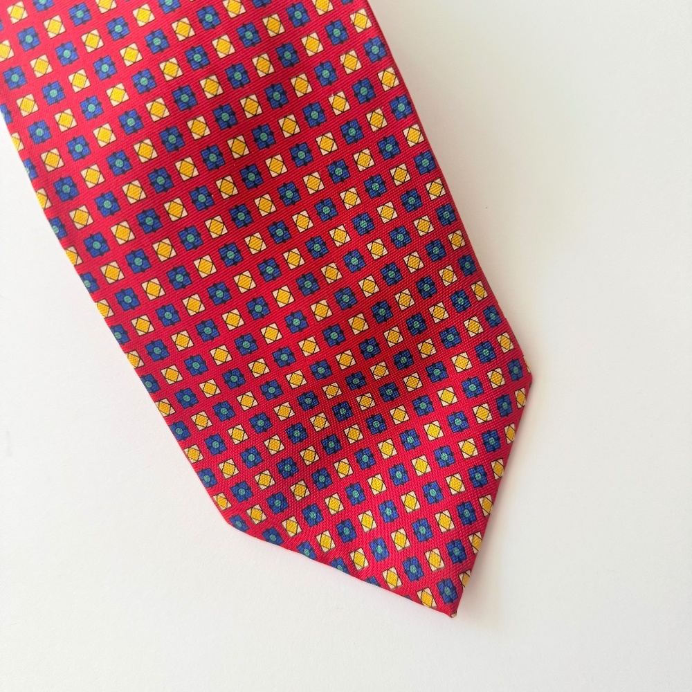 Gap Premium Silk Tie Navy Blue Red Yellow Geometric Micro-Pattern
